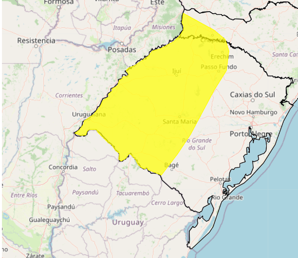 Inmet emite alerta amarelo para risco de tempestade em parte do RS 2 Avanço de frente fria deixa cidades do Rio Grande do Sul em alerta para tempestade.