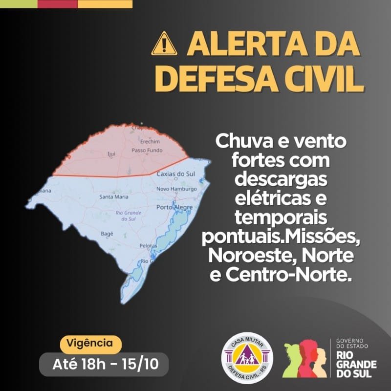 Defesa Civil alerta para risco de temporal isolado em áreas do RS 2 Com o deslocamento da frente fria, aumenta o risco de temporal no Rio Grande do Sul.