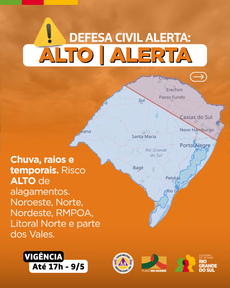 Defesa Civil emite alerta para risco alto de temporal em áreas do RS 2 temporal