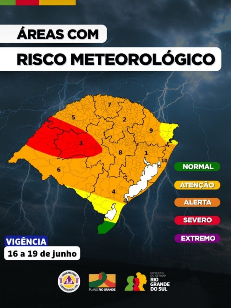 Defesa Civil atualiza as áreas do RS com risco de inundação e tempo severo 2 tempo severo