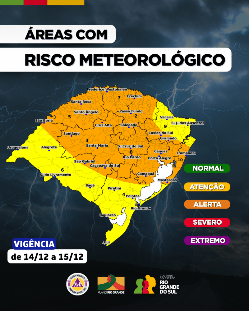Defesa Civil alerta para temporais nos próximos dias no RS; Veja as áreas em risco 2 defesa civil laranja