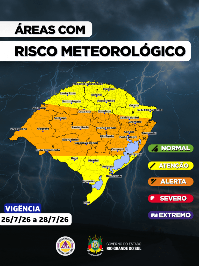 Defesa Civil divulga alerta de tempestades para o RS com ventos de até 90 km/h; veja regiões em perigo 2 alerta laranaja defesa civil