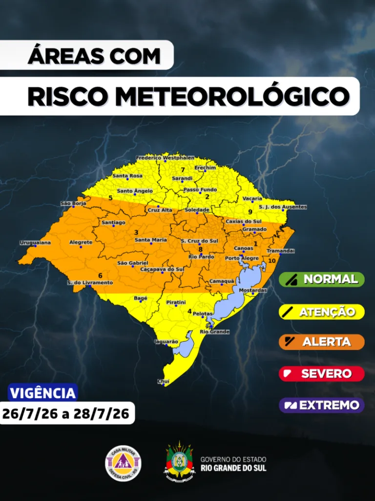 Defesa Civil divulga alerta de tempestades para o RS com ventos de até 90 km/h; veja regiões em perigo 2 alerta laranaja defesa civil