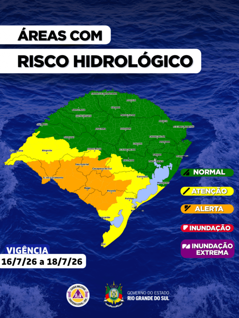 Defesa Civil alerta para risco de cheia em parte do RS 2 alerta laranja cheia