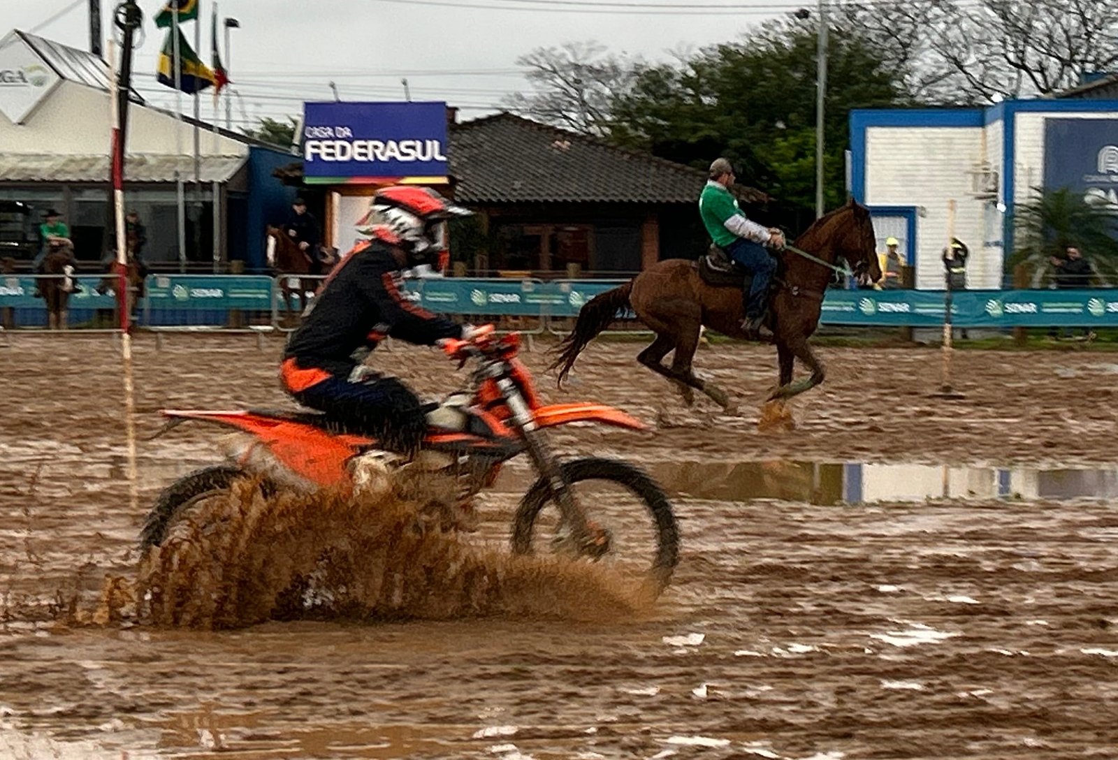 Cavalo vence moto em disputa acirrada sob forte chuva na Expointer
