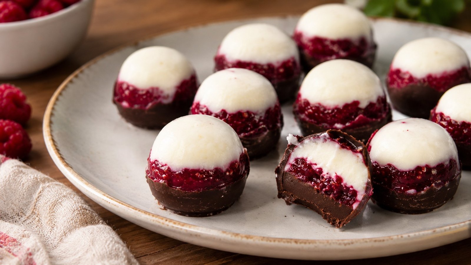 Bombom Caseiro Iogurte com Geleia de Framboesa e Chocolate 1 Bombons de Chocolate com Framboesa