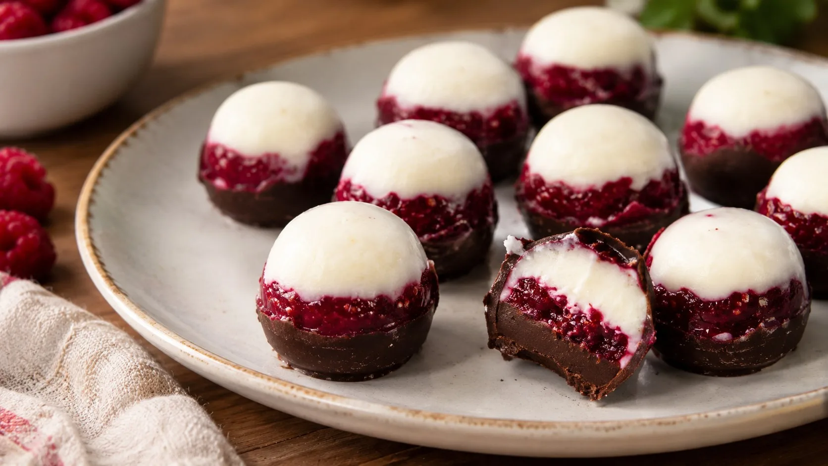Bombom Caseiro Iogurte com Geleia de Framboesa e Chocolate